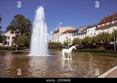 Augustaplatz and fountain in Baden Baden. During the horse race at the racecourse in Iffezheim. Baden Wuerttemberg, Germany, Europe Stock Photo