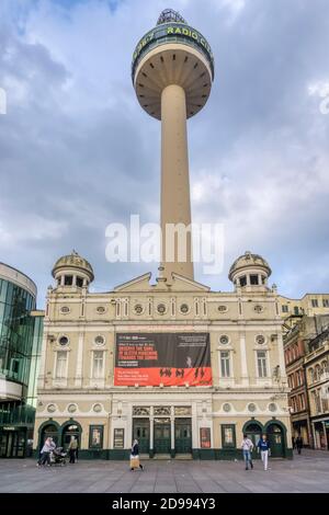 The Liverpool Playhouse Theatre in Williamson Square, Liverpool, with the Radio City Tower behind. Stock Photo