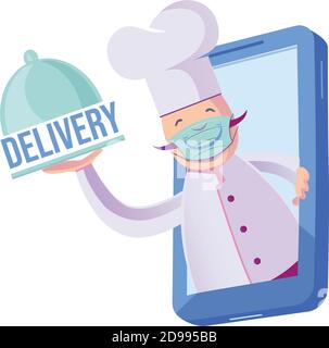 chef with mask coming out of his cellphone with plate that says delivery. Food Delivery Stock Vector