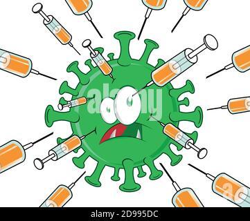 syringe with vaccine attacks the covid -19 coronavirus. cartoon clip art Stock Vector