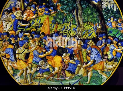 Plate with a battle between Julius Caesar and Pompey 1543 Orazio Fontana 1510-1571 Urbino ( Pharsalus, in eastern Greece, was the site of a decisive battle in 48 BCE between two of Rome's greatest ever generals: Pompey the Great and Julius Caesar. ) Italy, Italian Stock Photo