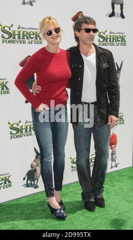 Antonio Banderas and Melanie Griffith arrives at the premier Shrek Forever After' at Gibson Amphitheatre on May 16, 2010 in Universal City, California Stock Photo