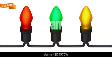 Multicolored light bulbs on the wire from the garland close-up view. Vector illustration of three Christmas lamps isolated on a white background Stock Vector