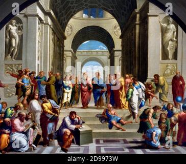 The School of Athens by Alvarez Enciso Domingo   1737 - 1800 ) was a Spanish painter Spain, ( after Raffaello Sanzio da Urbino Italian ) Plato on the left and Aristotle on yhe   Right Stock Photo