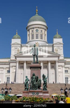 White Helsinki Cathedral and Statue of Alexander II on the Senate Square Stock Photo