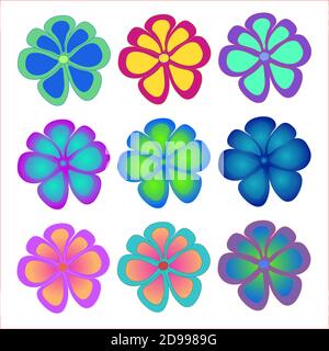 Set of simple flowers in different gradient colors. Trendy colors. Blooming buds. On an isolated white background. This template can be used for Stock Vector