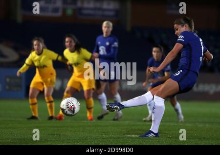 Chelsea's Melanie Leupolz scores her side's second goal of the game from the penalty spot during the FA Women's Continental League Cup Group B match at Kingsmeadow, London. Stock Photo