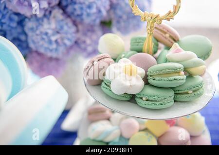 Macaroons and marshmallows are on a plate Stock Photo