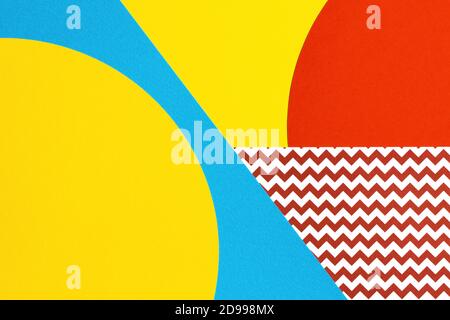 Abstract geometric fashion papers texture background in yellow,red, blue colors. Top view, flat lay Stock Photo