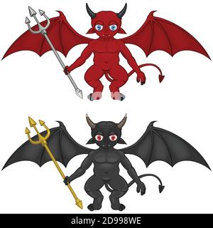Vector design two little devils with different colors with tridents and demon wings. All on white background. Stock Vector