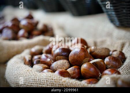 Top view heap of chestnuts. Pile of ripe chestnuts for food background Stock Photo