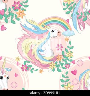 Seamless pattern with unicorns, donuts rainbow, confetti and other elements Stock Vector