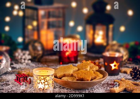 Composition gingerbread cookies and candle for Christmas card Stock Photo