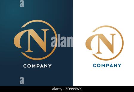 N alphabet letter logo icon in gold and blue color. Simple and creative golden circle design for business and company Stock Vector