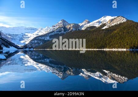 Scenic Landscape View of Lake Louise Shore with Rocky Mountain Peaks reflected in Calm Blue Water, Banff National Park, Canadian Rockies