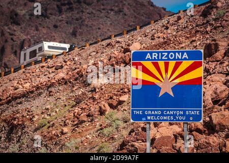 Arizona sign at Hoover Dam on the border with Nevada with the welcome message to the Grand Canyon, March 2010 Stock Photo