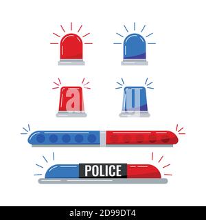 Police car red blue lights set isolated on white background. Stock Vector