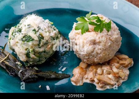 mixed bavarian dumplings on wood Stock Photo