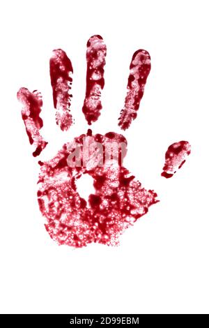 Bloody handprint isolated on white background. Stock Photo