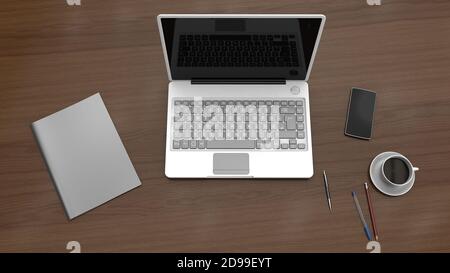 Top view 3D Rendering: Laptop, phone, notebook, pen&pencils and a cup of coffee, mockup template, on an office table Stock Photo