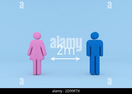 Female and male representation of two people, standing at a safe distance from each other due to the Coronavirus Pandemic. Stock Photo