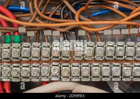 Terminal block with connection of electrical cable cord closeup Stock Photo