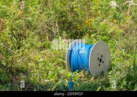 Cable drum with network cord on green meadow field Stock Photo