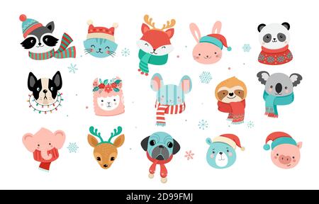 Cute Christmas safari animals. Sloth, llama, bunny, polar bear. Merry Christmas baby animals wearing warm clothes, sweater, scarf and hats  Stock Vector