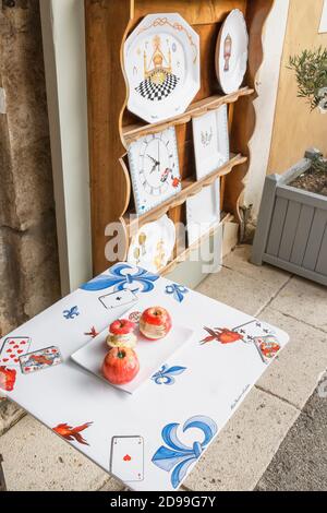 Traditional Faience pottery on display, Moustiers Sainte Marie, Alpes de Haute Provence, Provence, France, Stock Photo