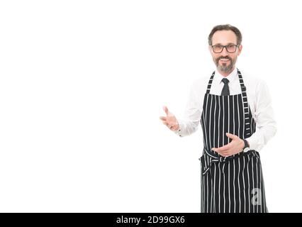 welcome to my world. cooking in kitchen. confident chef in apron. catering business. mature male cook isolated on white. bearded man baker in glasses. smiling chef welcome to restaurant. businessman. Stock Photo