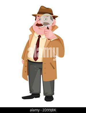 Stock vector detective character holding magnifying glass. Investigator cartoon character. Vector illustration. Stock Vector