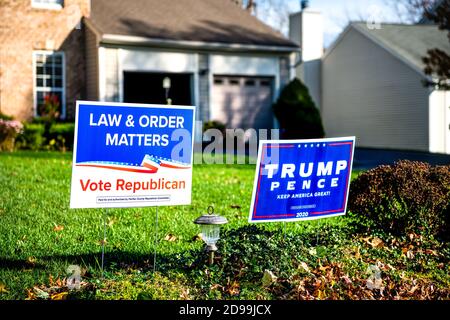 Herndon, USA - November 3, 2020: Northern Virginia Fairfax county with Trump Pence keep America Great, Law and Order Matters presidential election Stock Photo