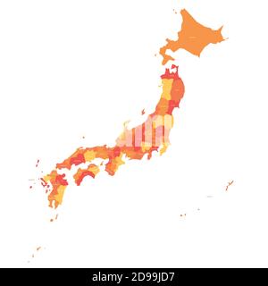 Orange political map of Japan. Administrative divisions - prefectures. Simple flat vector map with labels. Stock Vector