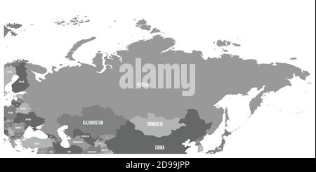 Political map of Russia and surrounding European and Asian countries. Four shades of grey map with white labels on white background. Vector illustration. Stock Vector