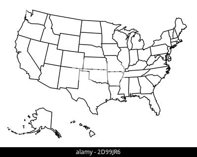 Blank outline map of United States of America. Simplified vector map made of black outline on white background. Stock Vector