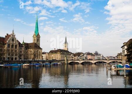 View of the historic city of Zurich. Fraumunster Church and river Limmat at Lake Zurich. Canton of Zurich, Switzerland. Europe. Stock Photo