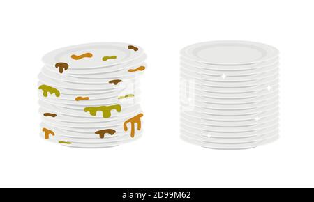 Stacks of dirty and clean plates isolated on white background. Dishes before and after washing. Vector illustration. Stock Vector