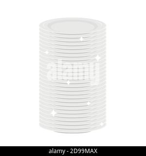 Stack of clean white plates isolated on white background. Washed dishes, kitchen tableware. Vector illustration. Stock Vector