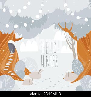 Cartoon winter forest with big trees and cute rabbits Stock Vector