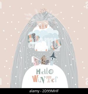 Conceptual Illustration of mother winter hugging clouds with snow Stock Vector