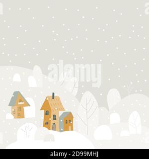 Cartoon winter landscape with cottages and trees Stock Vector