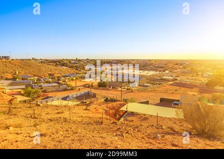 Town lookout: aerial view of Coober Pedy in Australia. Located in desert with of South Australia of Australian outback. Opal Capital of the World. Stock Photo