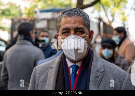 NEW YORK, NY – NOVEMBER 03, 2020: US Congressman Adriano Espaillat visits a polling site in Manhattan during the 2020 U.S Presidential Elections. Stock Photo