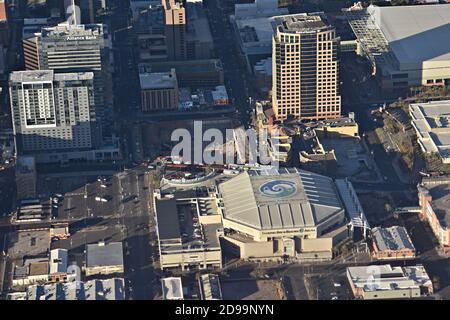 Aerial view of Talking Stick Resort Arena (former name US Airways Center and original name America West Arena) and bank buildings, Phoenix, Arizona Stock Photo