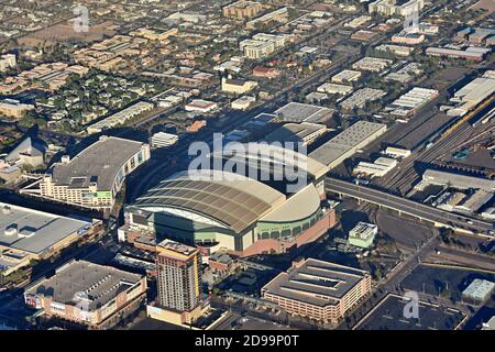 Aerial view from the airplane of retractable roof Chase Field baseball stadium and city skyline of downtown Phoenix, Arizona Stock Photo