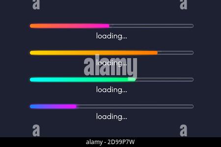 Loading bar collection. Loading status set. Color progress icons. Gradient lines on dark background. Web design elements for website or app. Vector Stock Vector