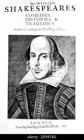 The celebrated  english playwriter and poet  WILLIAM  SHAKESPEARE ( 1564 - 1616 ) , portrait envraved  by Martin Droeshout on   title page at 1623  first folio complet works collection book - SCRITTORE - POETA - POESIA - DRAMMATURGO - COMMEDIOGRAFO - TEATRO - THEATER - POETRY - frontespizio - frontespice - ritratto - baffi - moustache - collar - colletto - epoca elisabettiana - commedia - tragedia - comedy - tragedy - stempiatura - thinning at the temples  ----  Archivio GBB Stock Photo