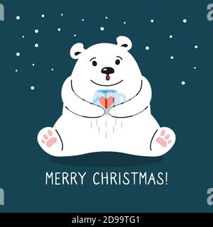 Cartoon polar bear with cup of tea. Greeting Christmas card. New Year animal mammals. Hand drawn doodle winter bear. Funny animals cute vector celebrate Stock Vector