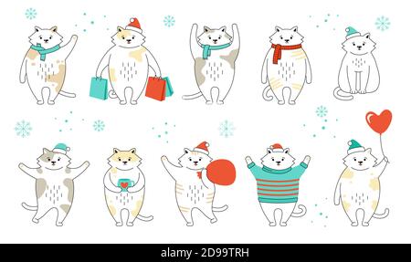 Christmas cat set. Collection kitten witn gift, purchase, sweaters. New year cats in Santa Claus hats. Hand drawn funny doodles cartoon character. Happy New year, merry Christmas. Animal vector Stock Vector