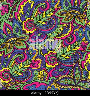 Psychedelic bright seamless texture with colorful plant and floral elements. Stock Vector
